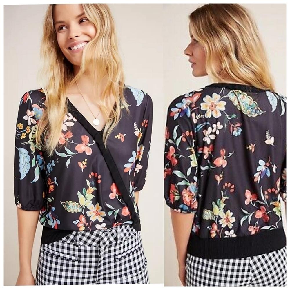 Aldomartins Alia Floral V-Neck Top Black Size Medium Elbow Sleeve Anthropologie